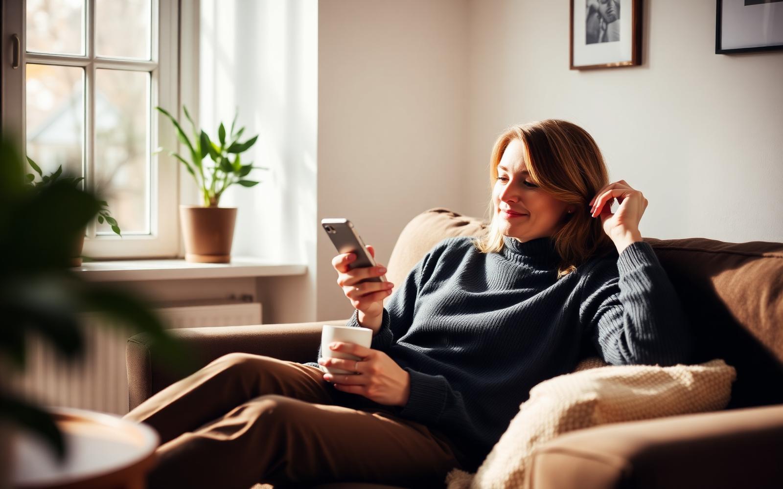 Vrouw vult thuis op de bank een online onderzoek in op haar telefoon
